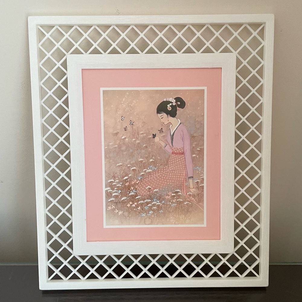 Vintage 80s T.C. Chiu Signed Framed Art Print Asian Girl Wildflowers Countryside